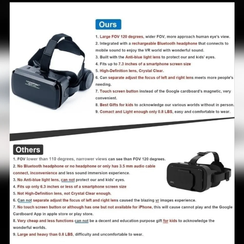 VR Virtual Reality Headset with Headphones and Remote
